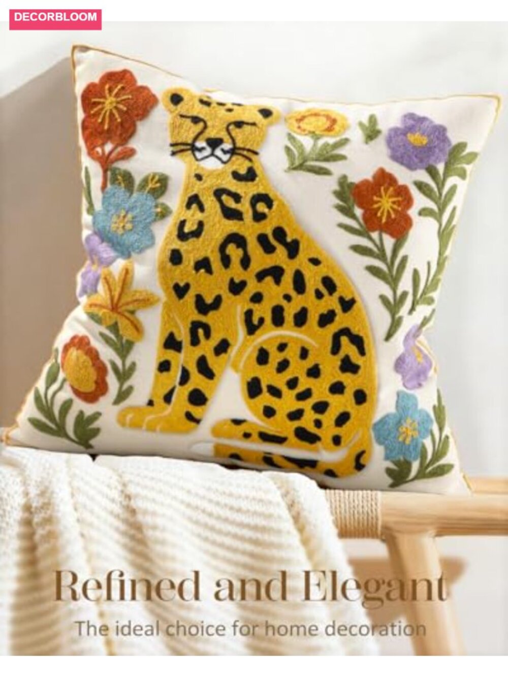 Embroidered Animal Floral Throw Pillow Cover 18x18 - Picture 4 of 6